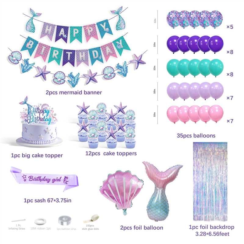 Jenmir Mermaid Birthday Decorations for Girls | Fringe Curtains, Happy Birthday Banner, Red Balloons