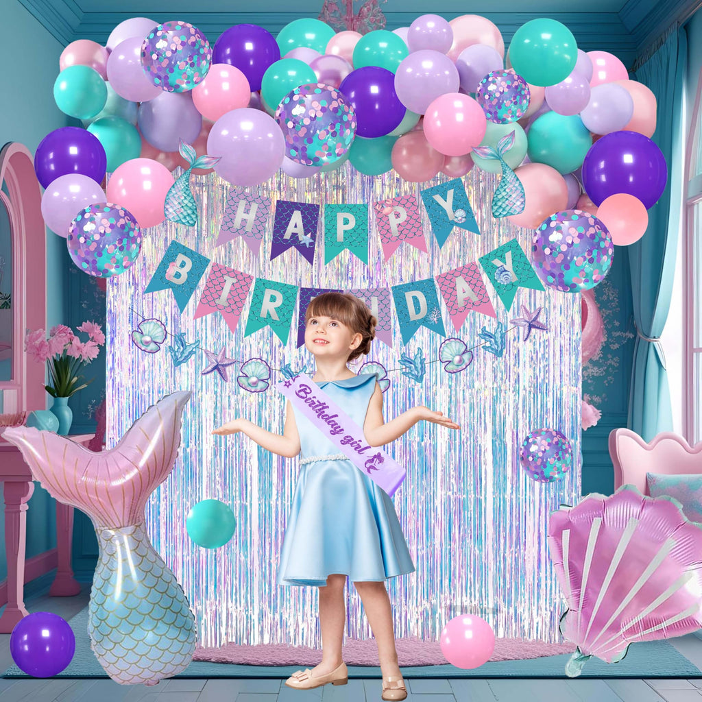 Jenmir Mermaid Birthday Decorations for Girls | Fringe Curtains, Happy Birthday Banner, Red Balloons