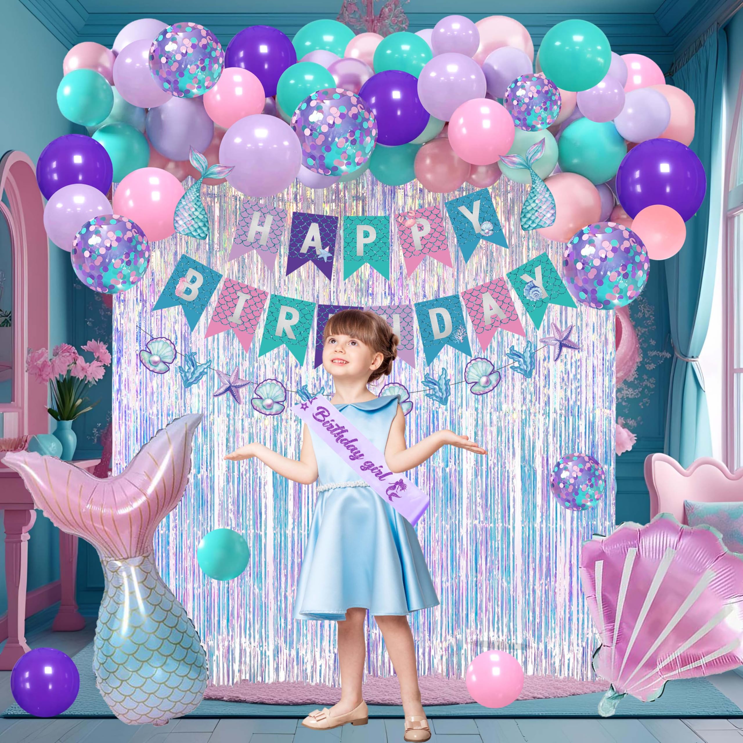 Jenmir Mermaid Birthday Decorations for Girls | Fringe Curtains, Happy Birthday Banner, Red Balloons