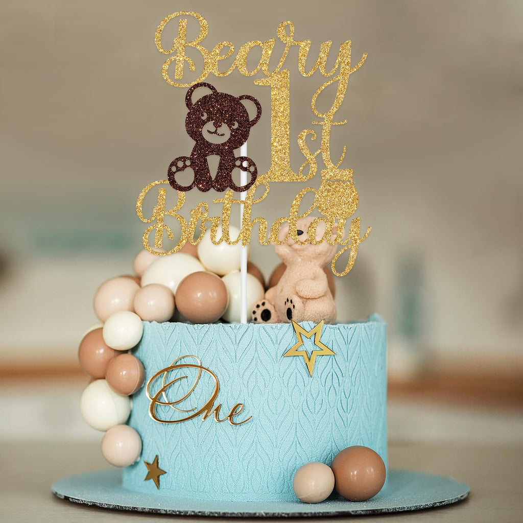 Jenrtvis Beary 1st Birthday Cake Topper – Glittery Bear Party Decoration