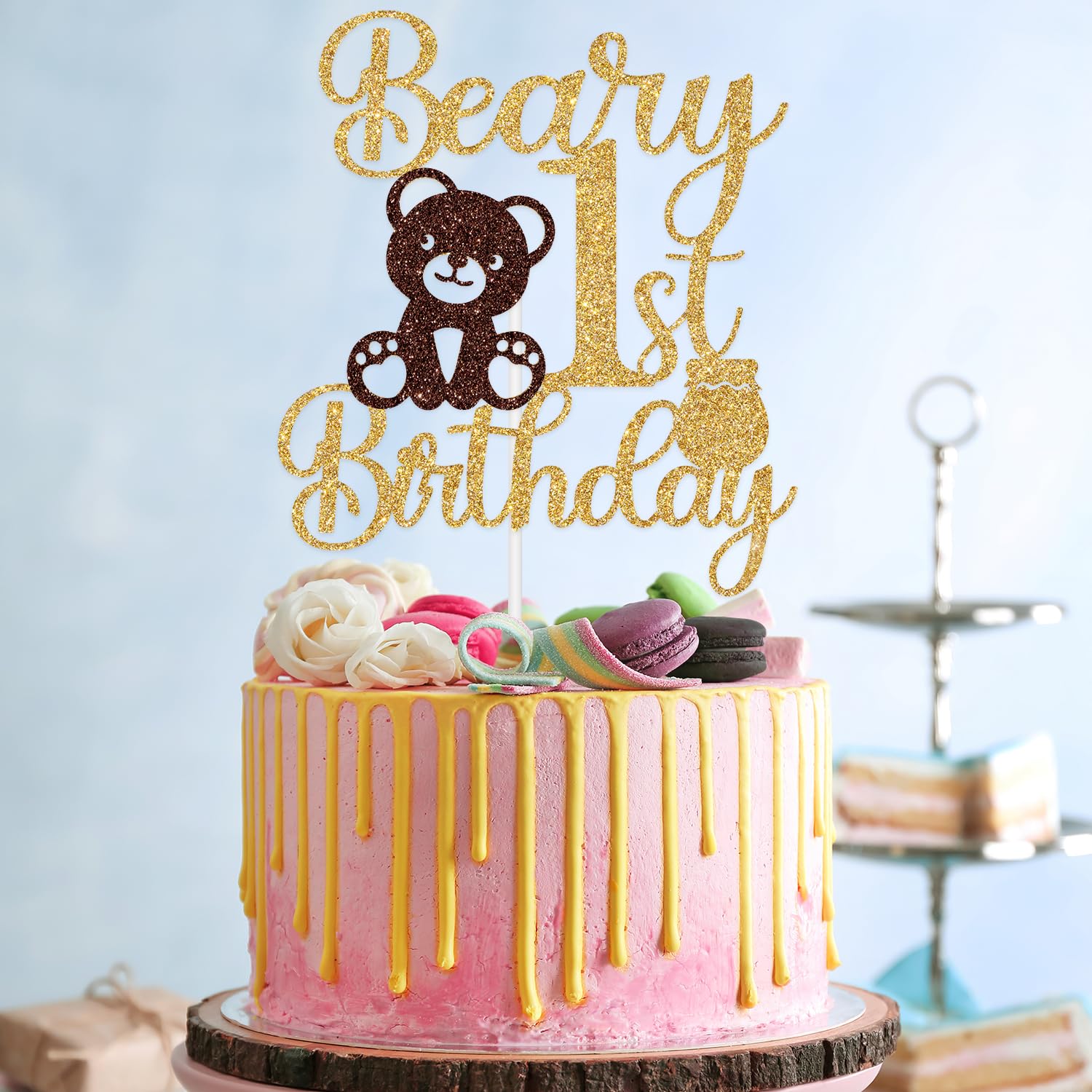 Jenrtvis Beary 1st Birthday Cake Topper – Glittery Bear Party Decoration