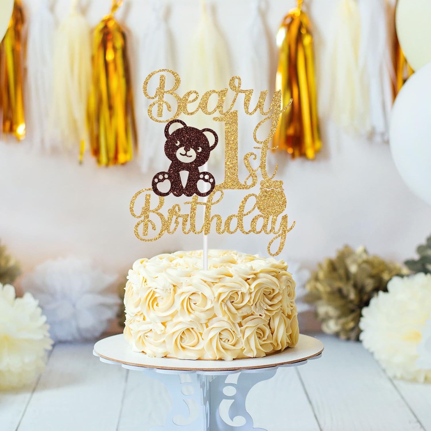 Jenrtvis Beary 1st Birthday Cake Topper – Glittery Bear Party Decoration