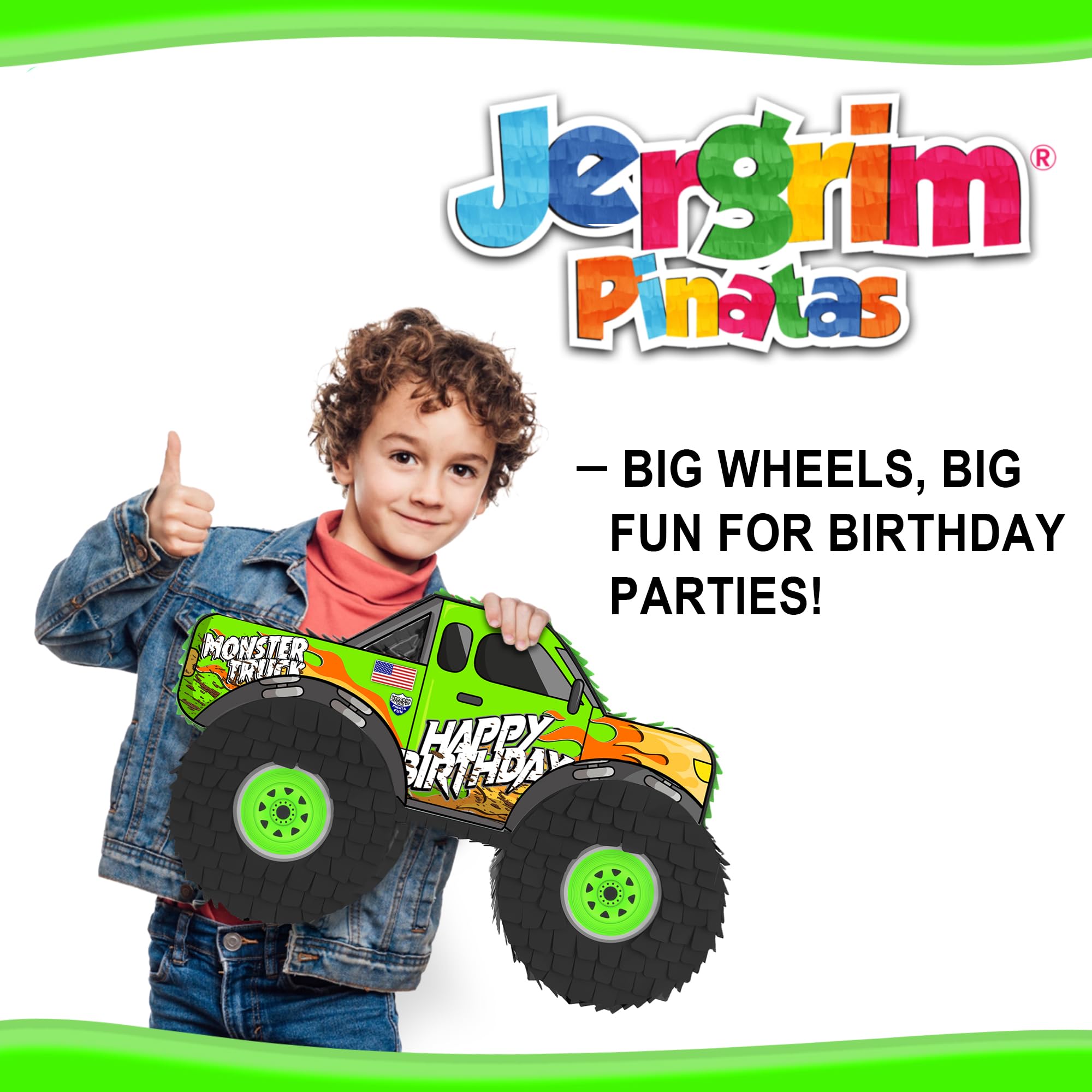 Jergrim Monster Truck Pinata – 4-Piece Set for Kids Parties, 16x10x3 in, Durable Race Car Theme