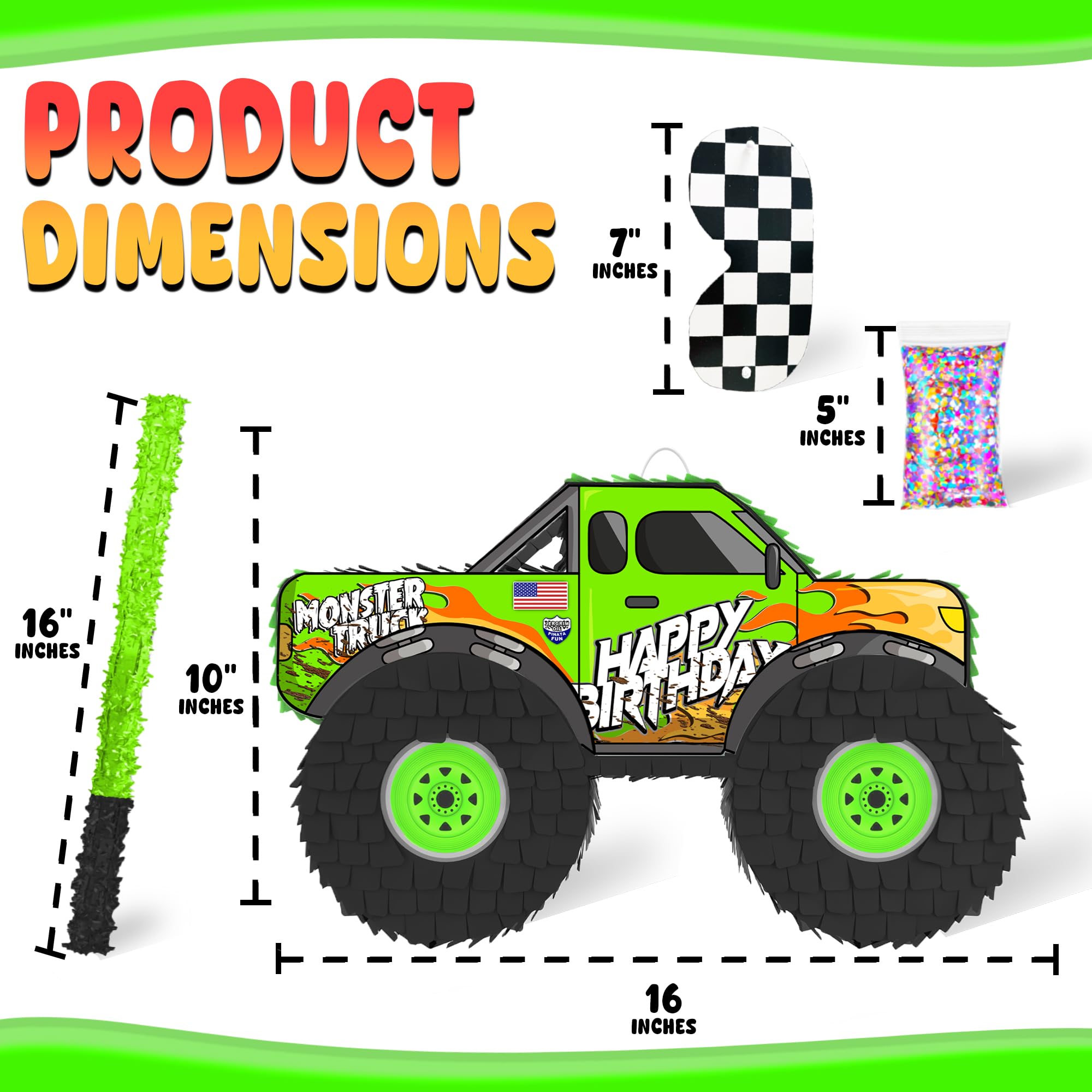 Jergrim Monster Truck Pinata – 4-Piece Set for Kids Parties, 16x10x3 in, Durable Race Car Theme