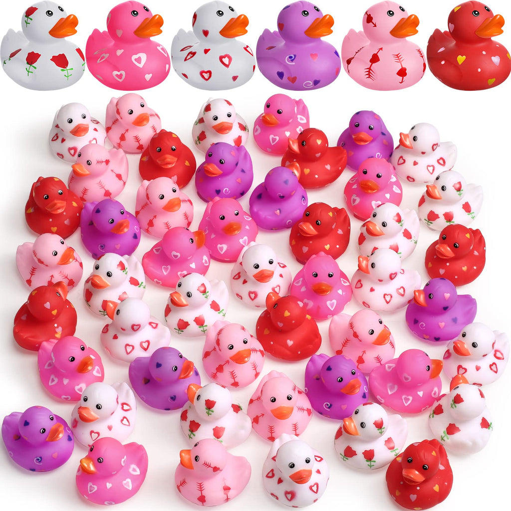 Jerify 48 Pcs Valentine Rubber Duckies – 6 Designs Bath Toys for Kids, Party Favors
