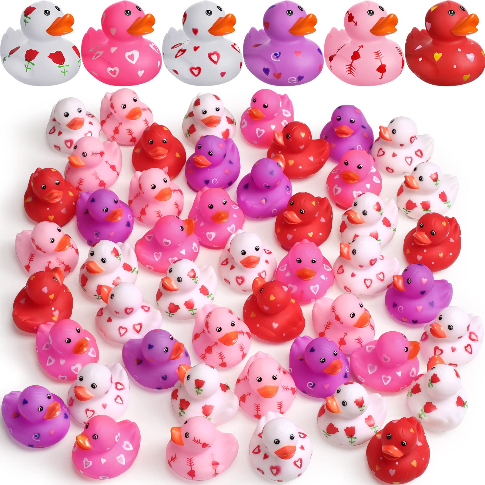 Jerify 48 Pcs Valentine Rubber Duckies – 6 Designs Bath Toys for Kids, Party Favors