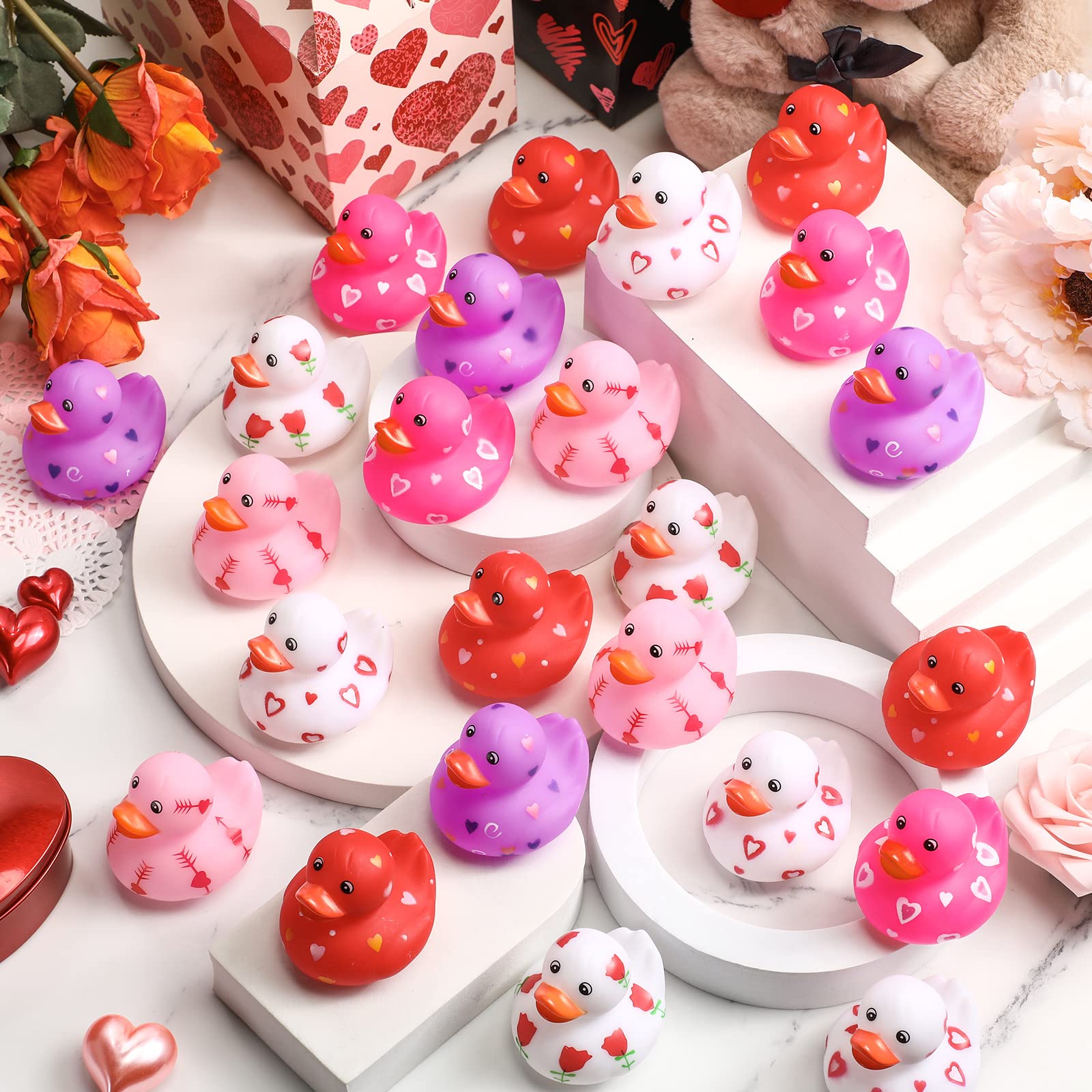 Jerify 48 Pcs Valentine Rubber Duckies – 6 Designs Bath Toys for Kids, Party Favors