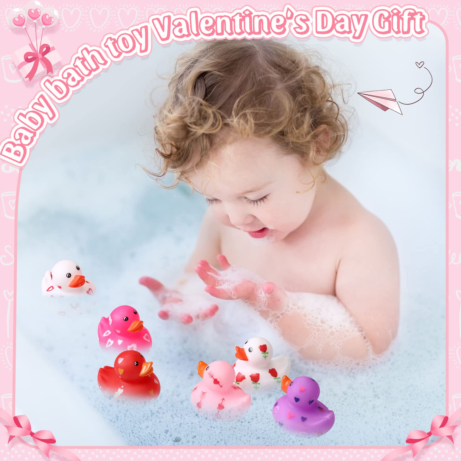 Jerify 48 Pcs Valentine Rubber Duckies – 6 Designs Bath Toys for Kids, Party Favors