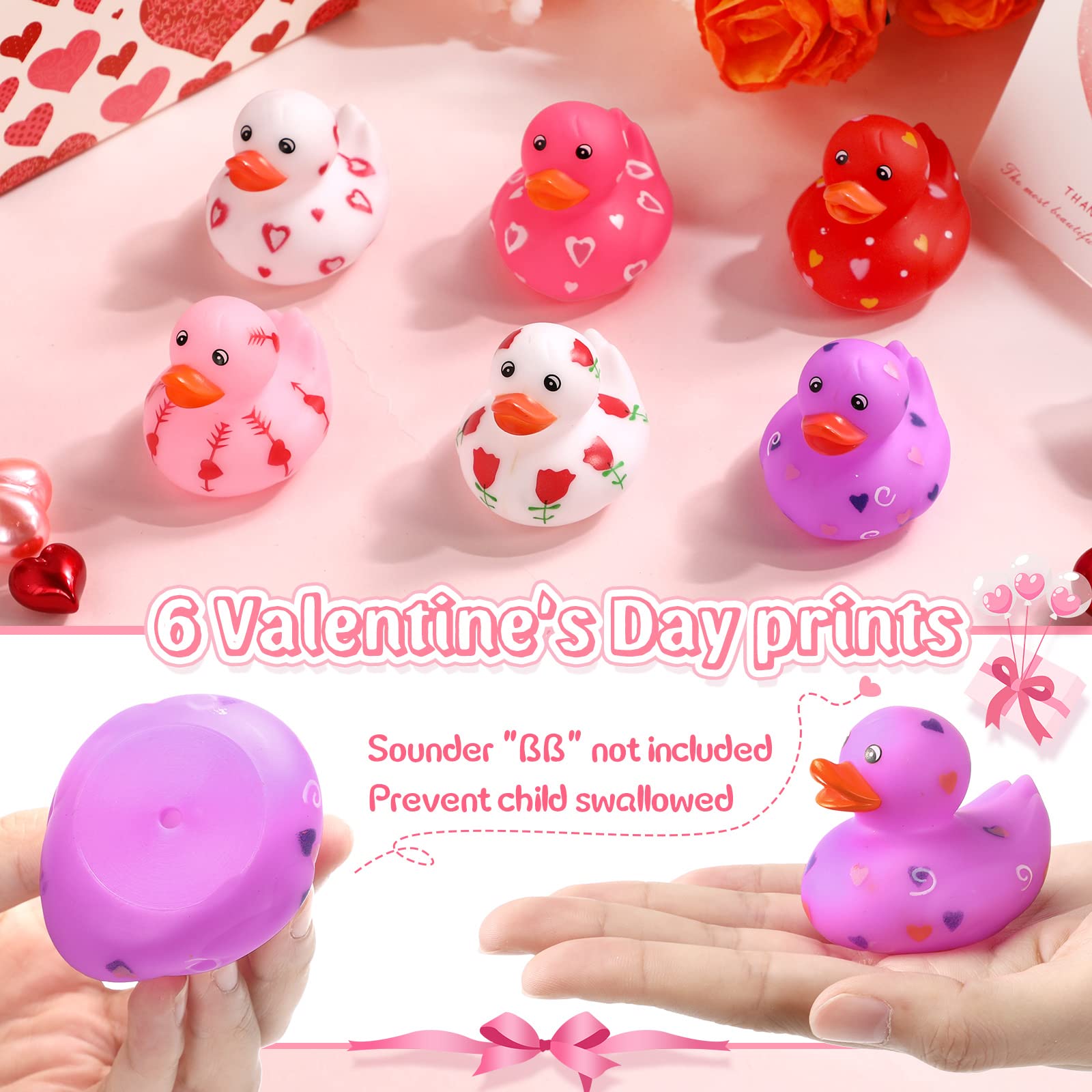 Jerify 48 Pcs Valentine Rubber Duckies – 6 Designs Bath Toys for Kids, Party Favors