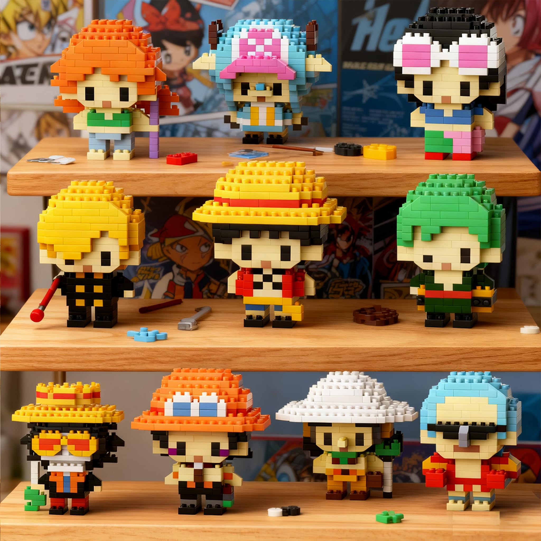 JESGO 10 Straw Hat Crew Pirate Figures Building Blocks Kit Set – Going Merry Ship Micro Brick Headz, Adventurer Toys for Fans (Teen 14+)