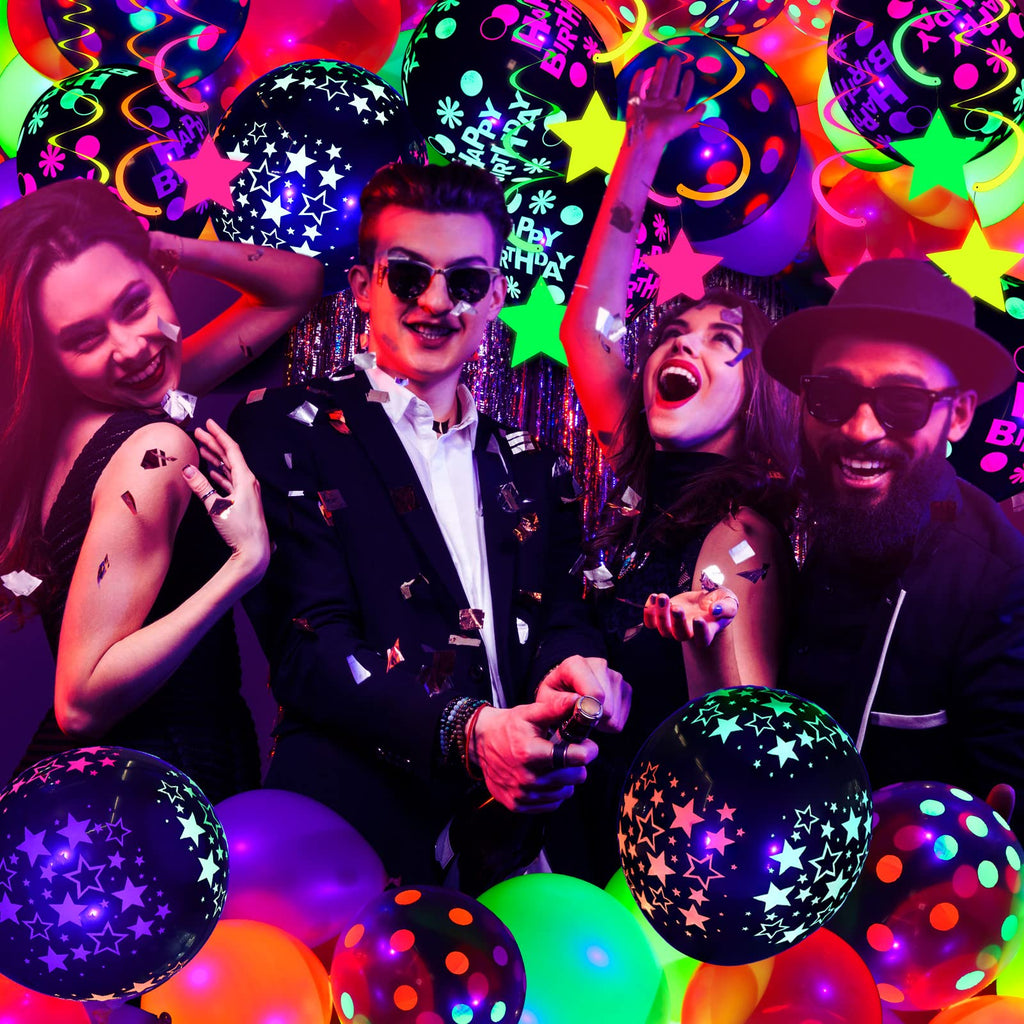 Jetec 71 Pcs Neon Birthday Party Supplies — Glow Balloons, Star Swirls & Banner