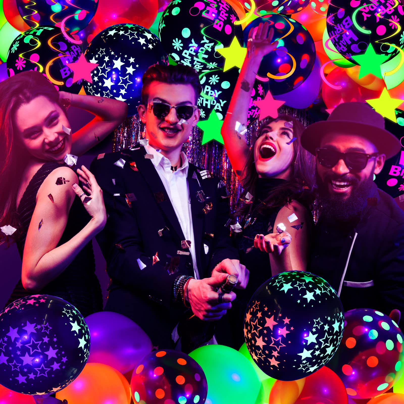 Jetec 71 Pcs Neon Birthday Party Supplies — Glow Balloons, Star Swirls & Banner