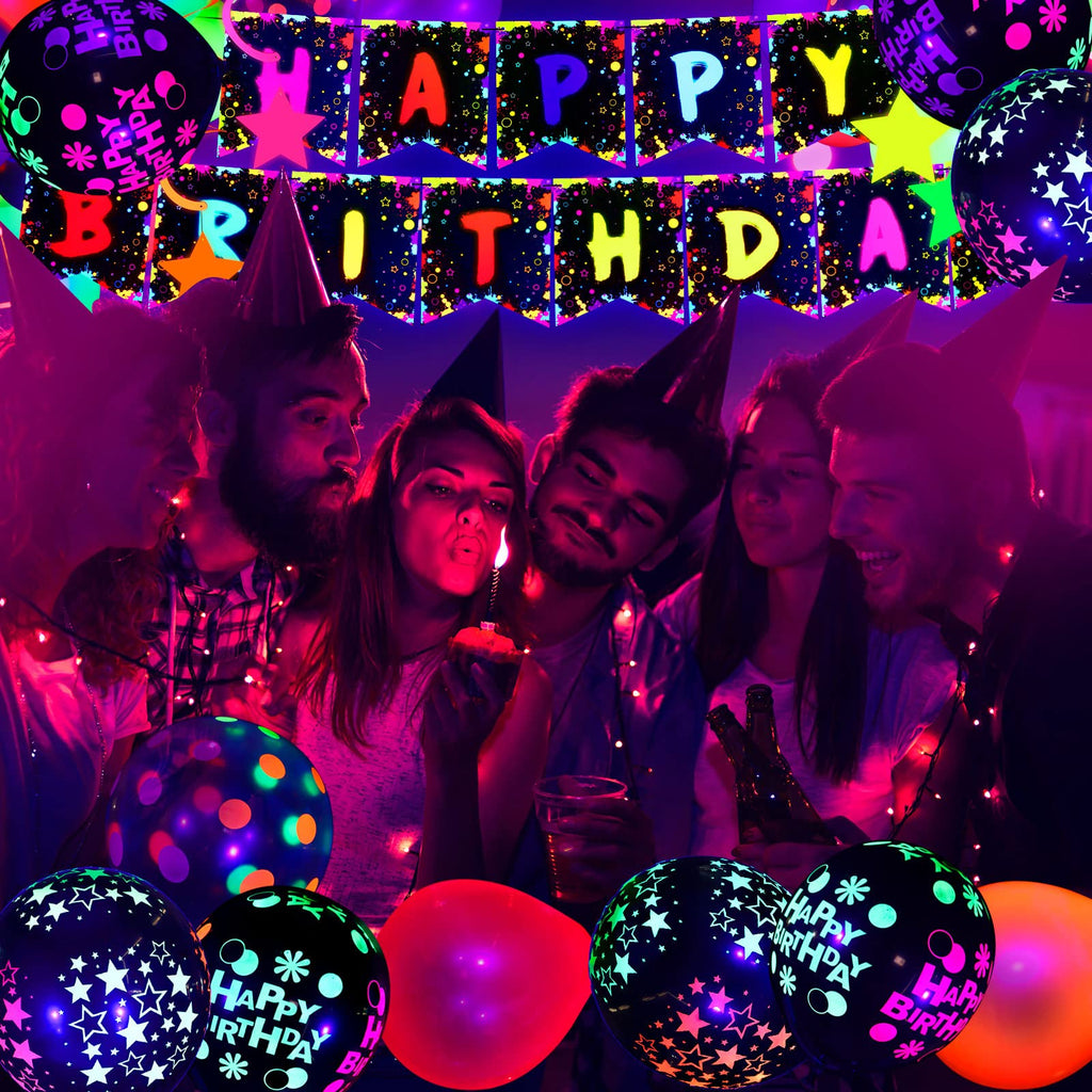 Jetec 71 Pcs Neon Birthday Party Supplies — Glow Balloons, Star Swirls & Banner