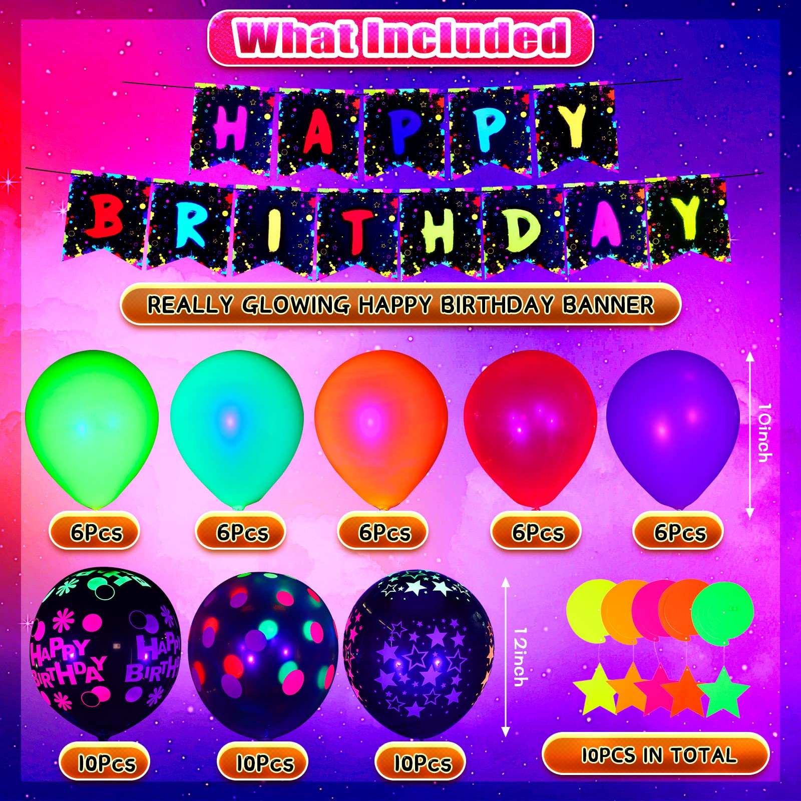Jetec 71 Pcs Neon Birthday Party Supplies — Glow Balloons, Star Swirls & Banner