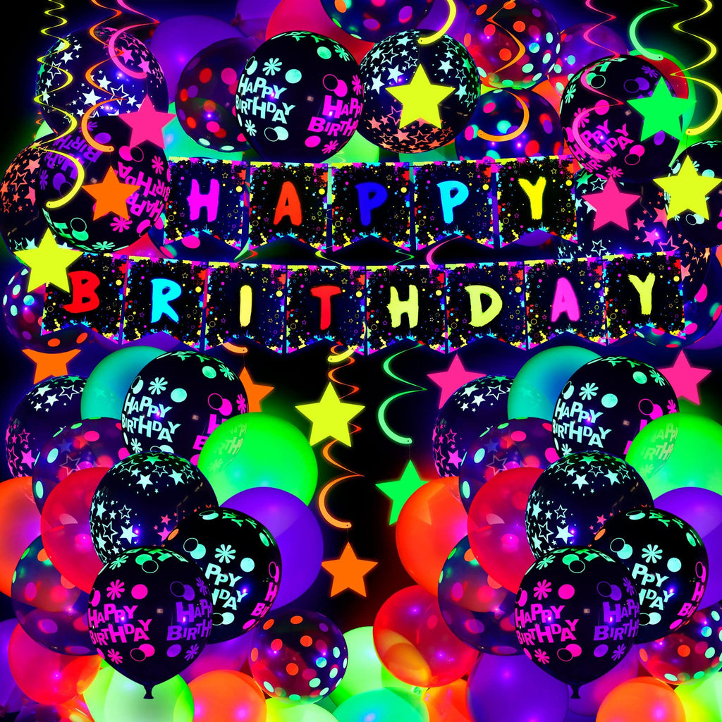Jetec 71 Pcs Neon Birthday Party Supplies — Glow Balloons, Star Swirls & Banner