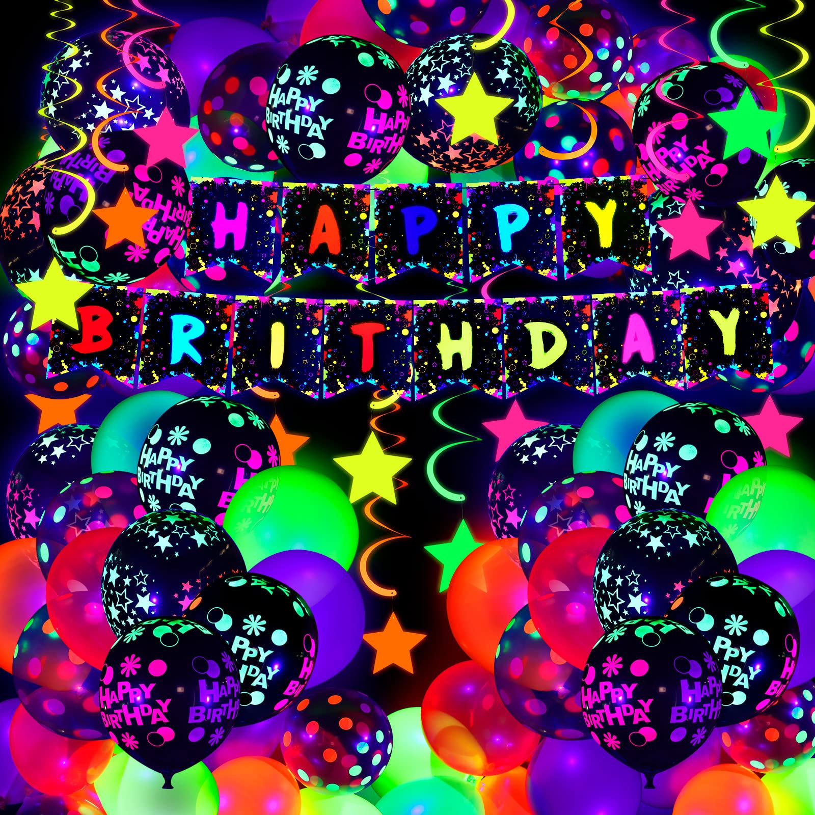 Jetec 71 Pcs Neon Birthday Party Supplies — Glow Balloons, Star Swirls & Banner