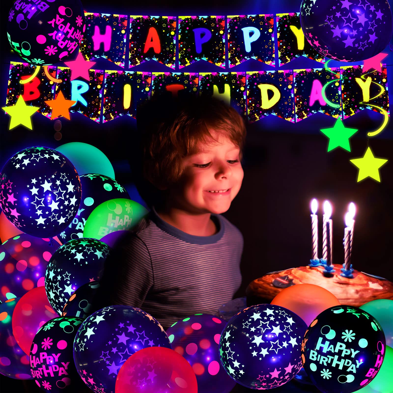 Jetec 71 Pcs Neon Birthday Party Supplies — Glow Balloons, Star Swirls & Banner