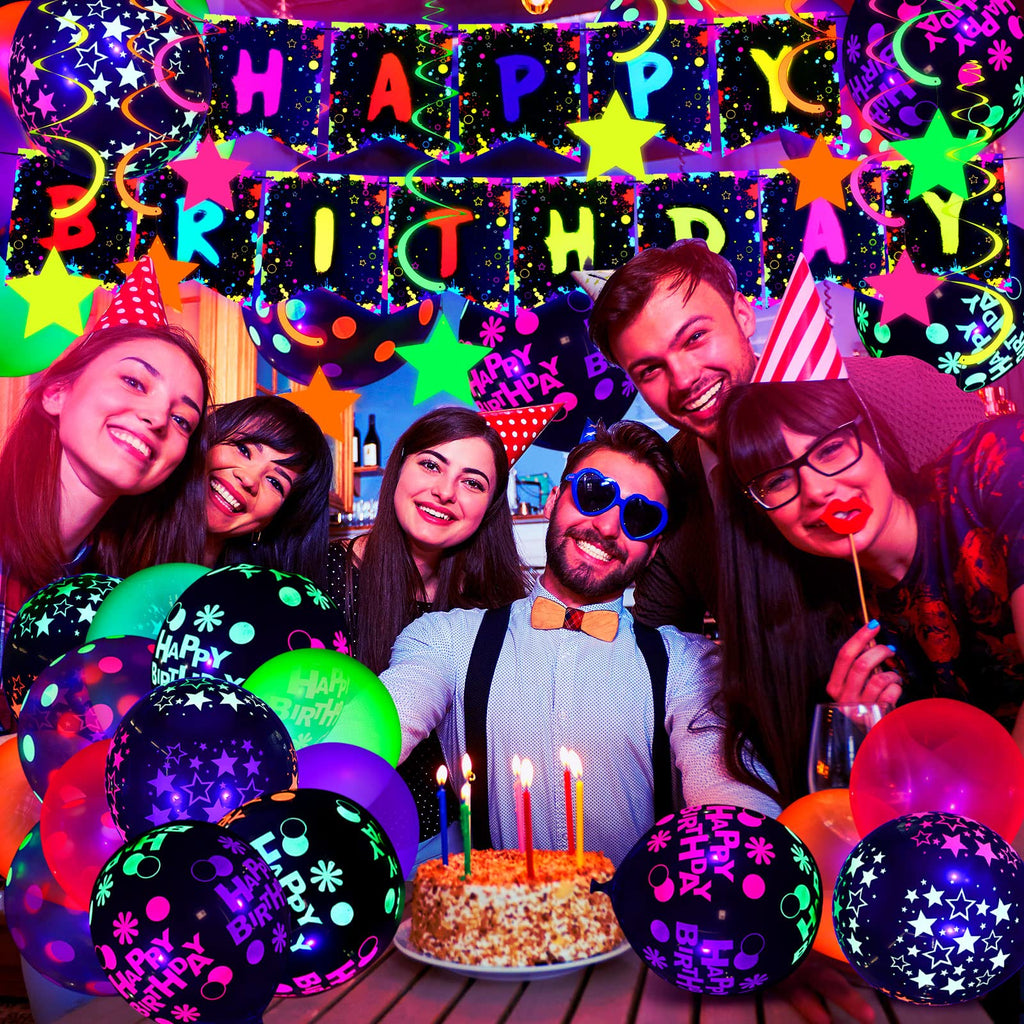 Jetec 71 Pcs Neon Birthday Party Supplies — Glow Balloons, Star Swirls & Banner