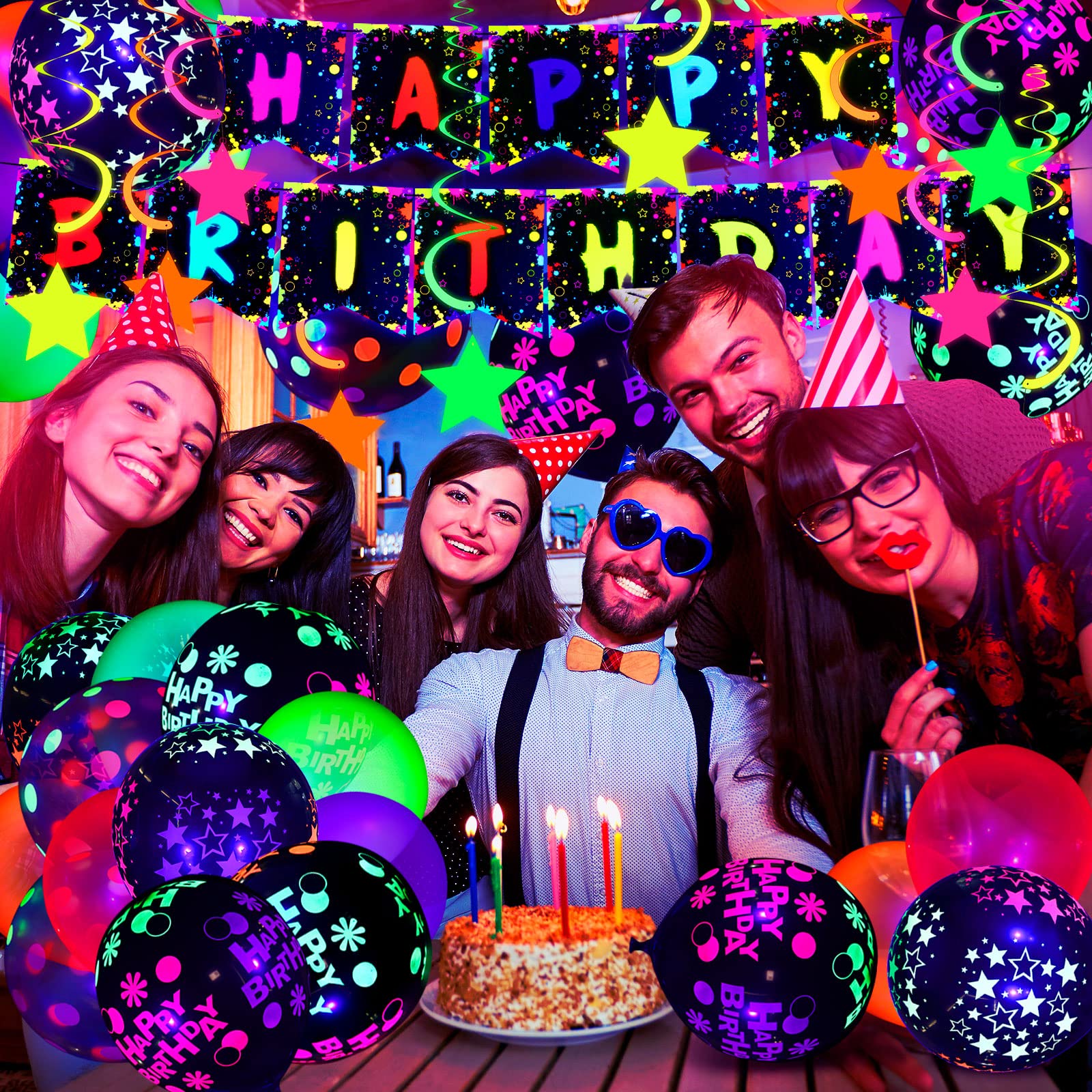 Jetec 71 Pcs Neon Birthday Party Supplies — Glow Balloons, Star Swirls & Banner
