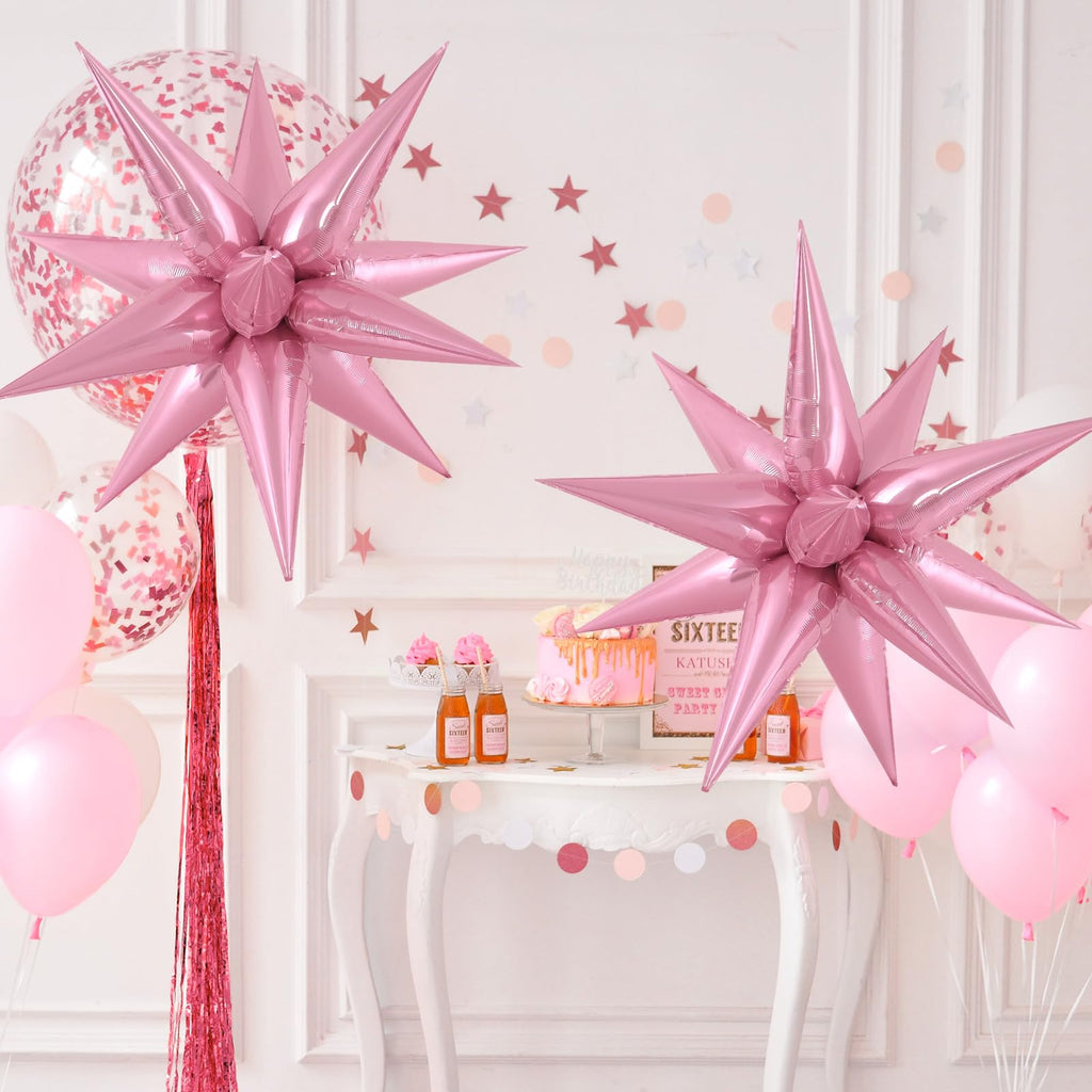 JHZMCRX 72 Pcs Pink Star Foil Balloons – 12-Point Cone Star Balloon Arch & Backdrops