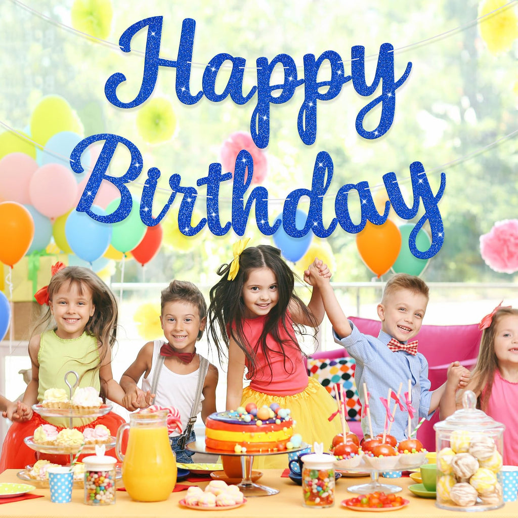JHZMCRX Blue Glitter Happy Birthday Banner Sign – Birthday Garland & Backdrop for Parties