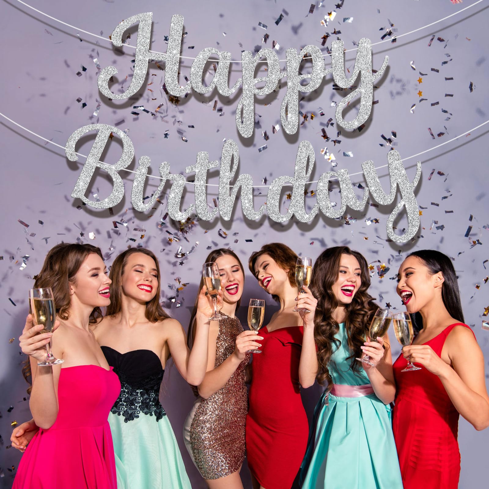 JHZMCRX Glitter Happy Birthday Banner Sign - DIY Silver Party Decor