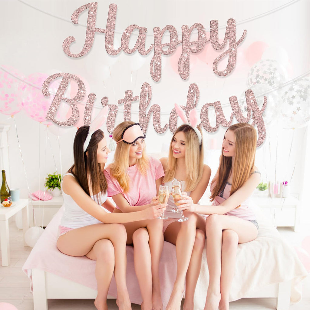 JHZMCRX Rose Gold Happy Birthday Banner with Glitter Letters | Party Backdrop Decor