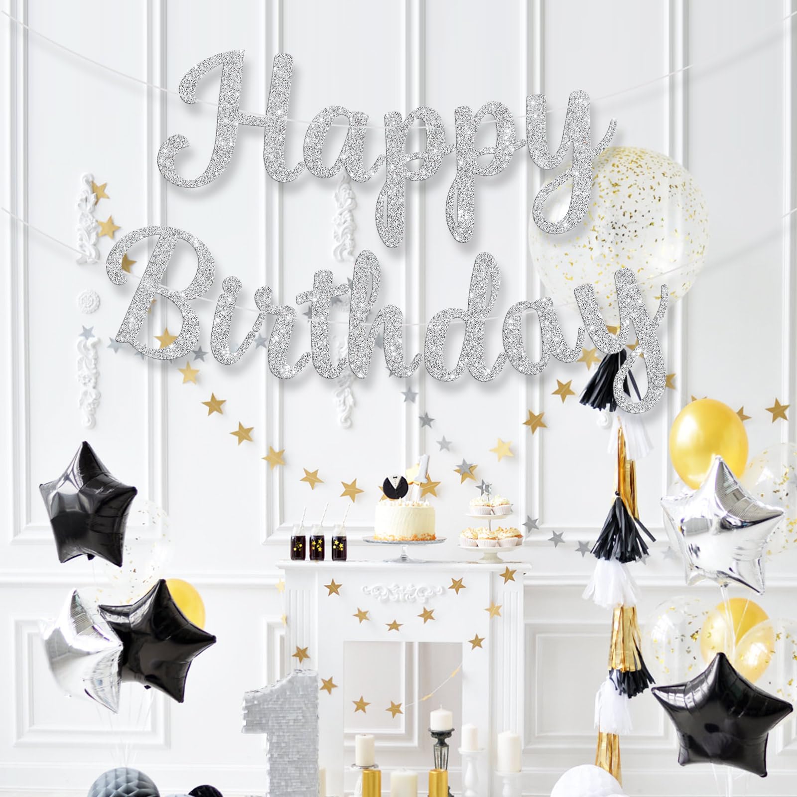 JHZMCRX Glitter Happy Birthday Banner Sign - DIY Silver Party Decor