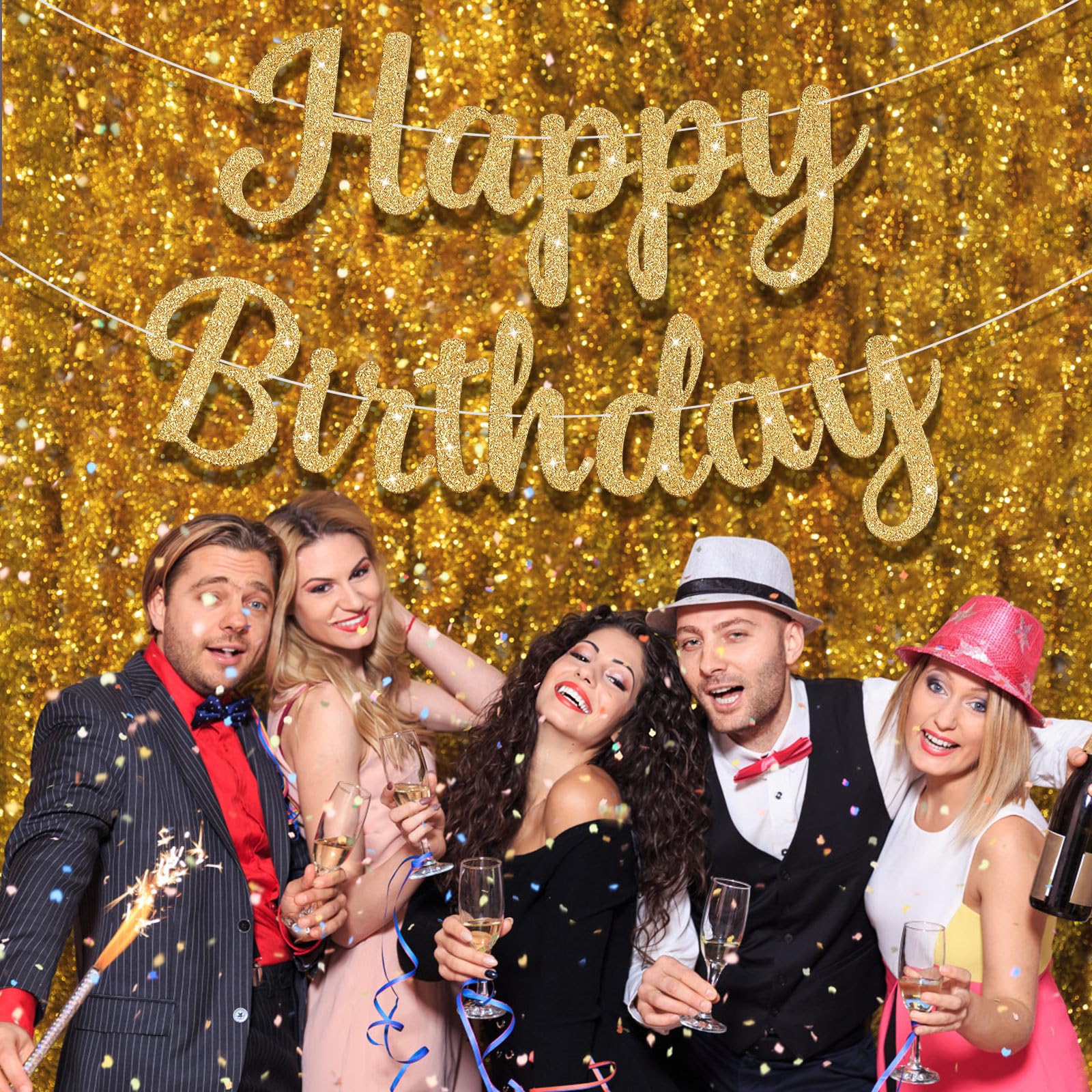 JHZMCRX Glitter Happy Birthday Banner Sign – Gold Party Backdrop & Wall Banner