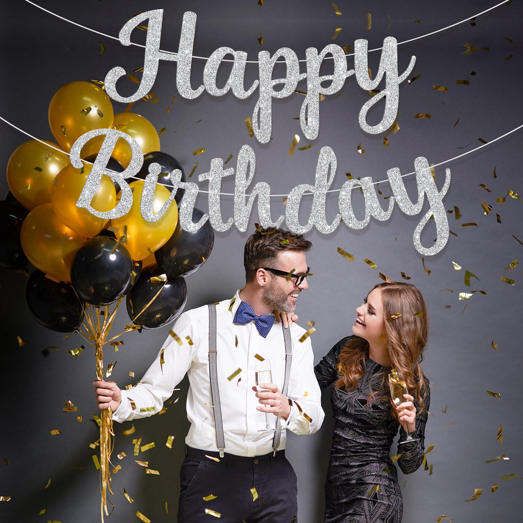 JHZMCRX Glitter Happy Birthday Banner Sign - DIY Silver Party Decor