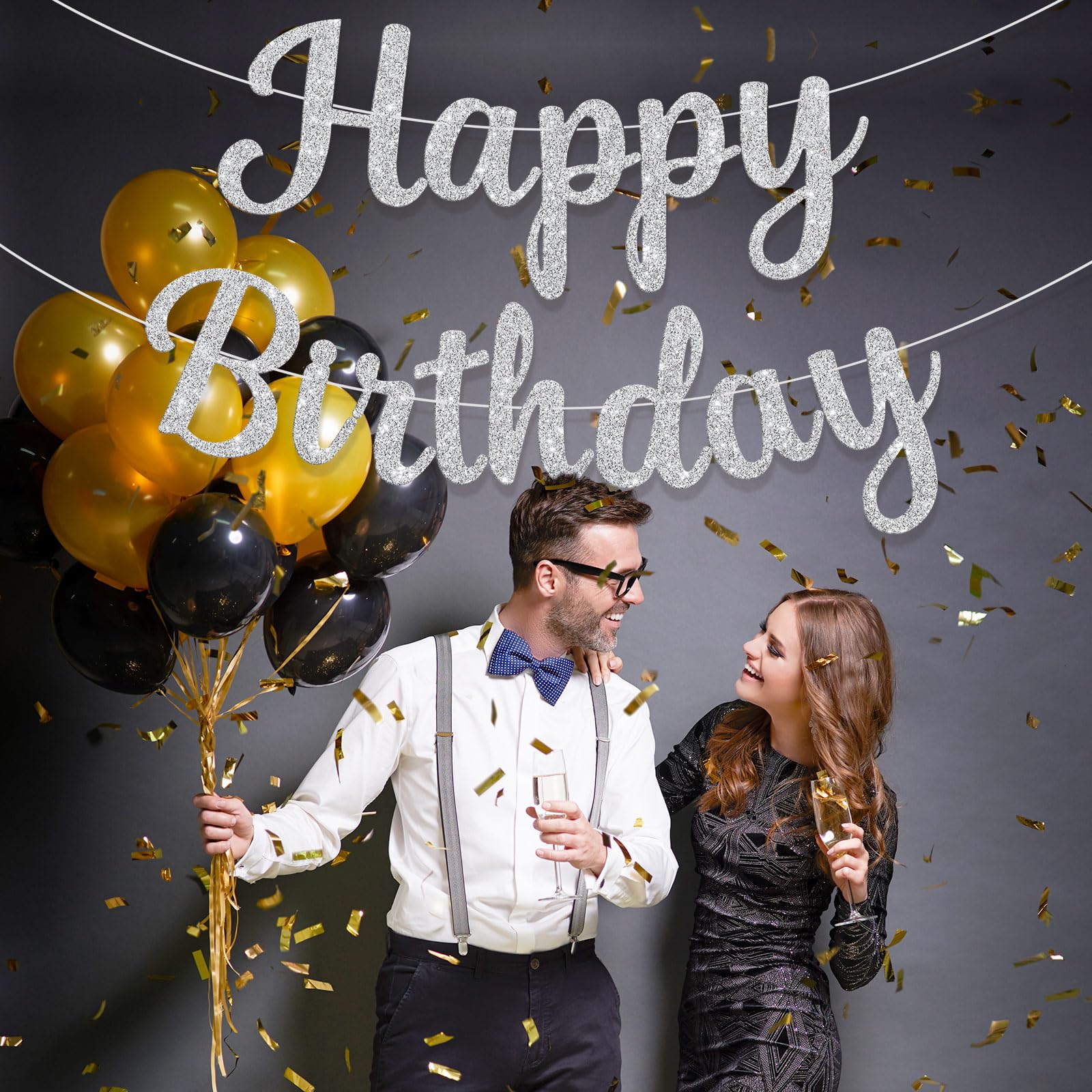 JHZMCRX Glitter Happy Birthday Banner Sign - DIY Silver Party Decor