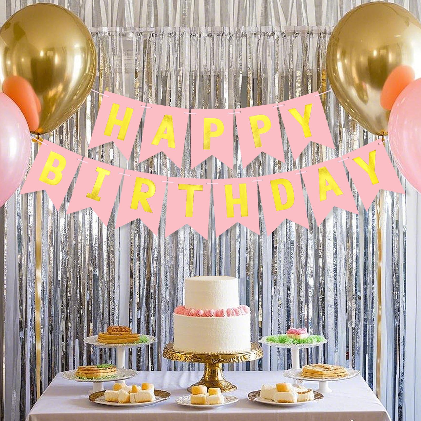 JHZMCRX Light Pink Happy Birthday Banner Sign – Personalized Name Banner with Golden Letters