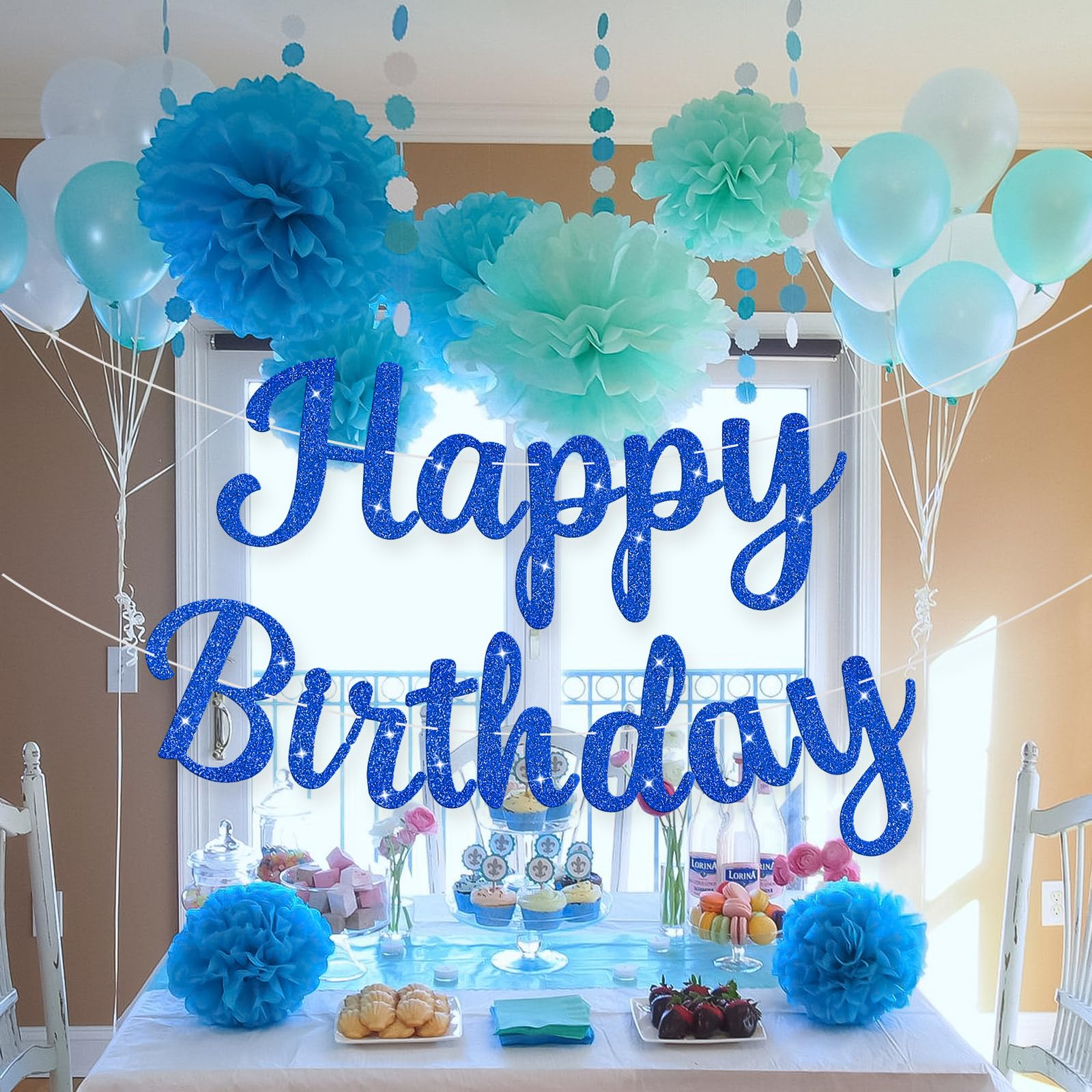 JHZMCRX Blue Glitter Happy Birthday Banner Sign – Birthday Garland & Backdrop for Parties