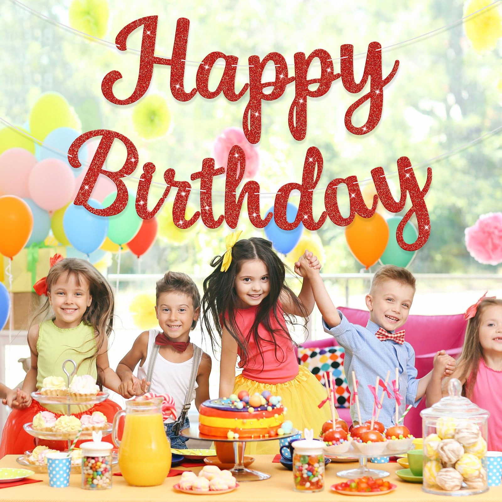 JHZMCRX Red Glitter Happy Birthday Banner Sign – DIY Birthday Garland for Walls, Doors & Backdrops