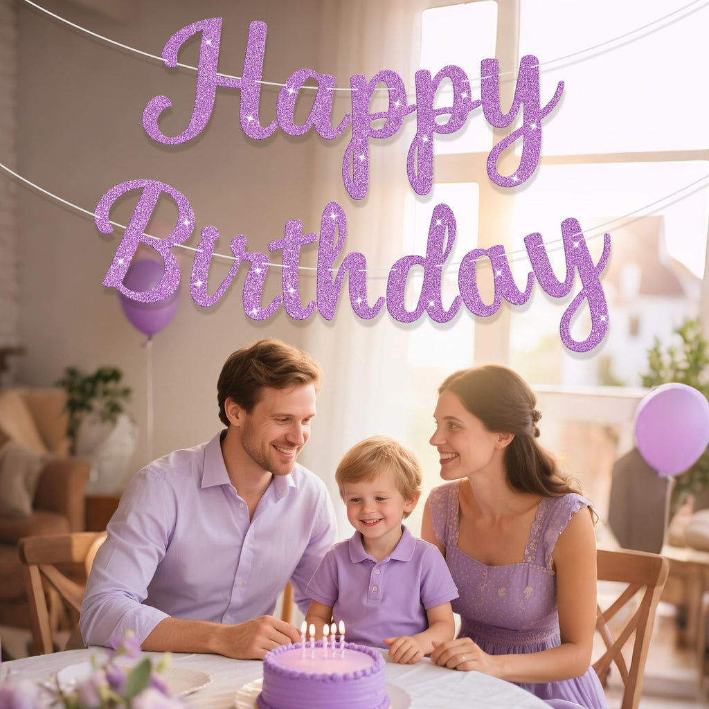 JHZMCRX Light Purple Glitter Happy Birthday Banner – DIY Letter Sign & Party Backdrop
