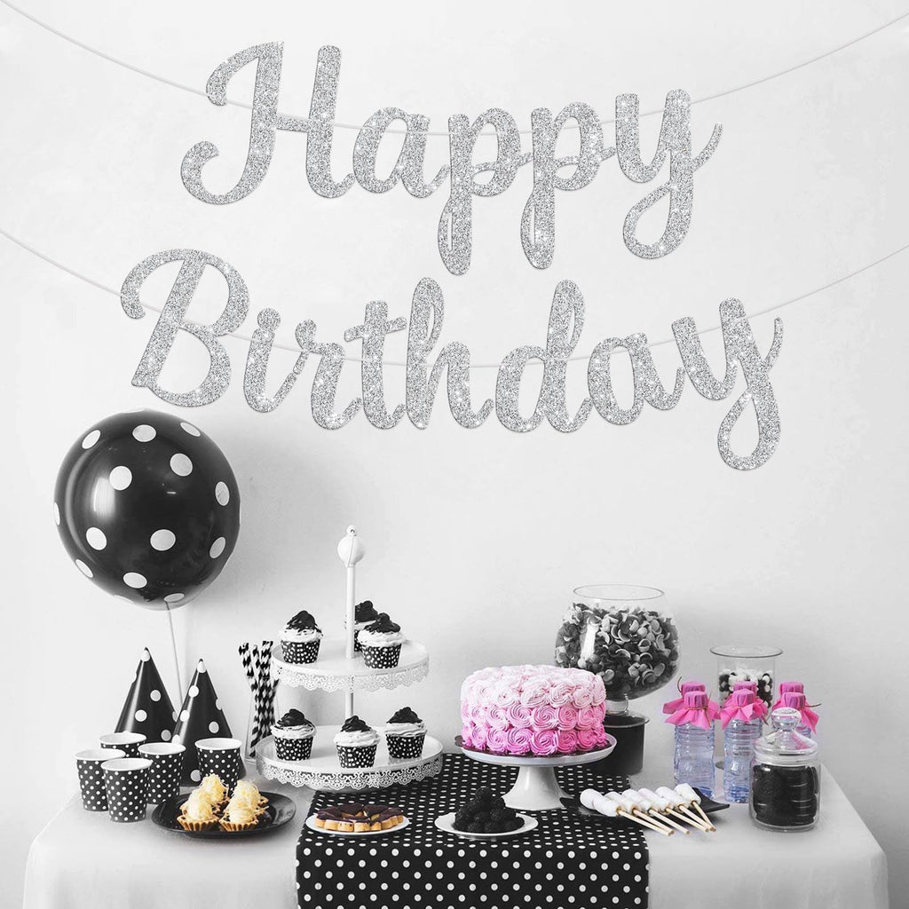 JHZMCRX Glitter Happy Birthday Banner Sign - DIY Silver Party Decor
