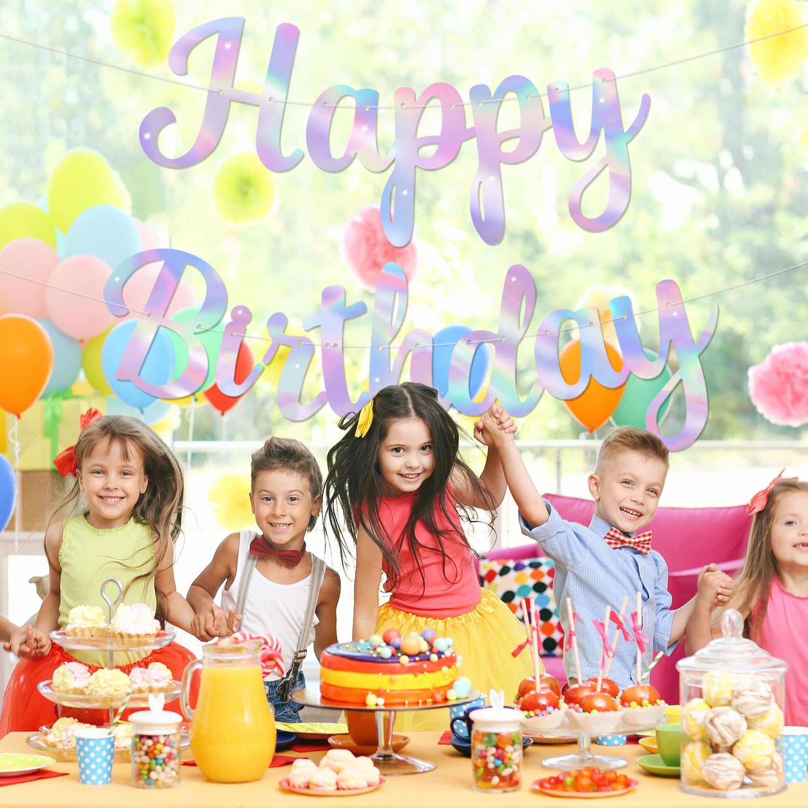 JHZMCRX Iridescent Happy Birthday Banner – Glitter Letter Garland for Parties (Multicolored)
