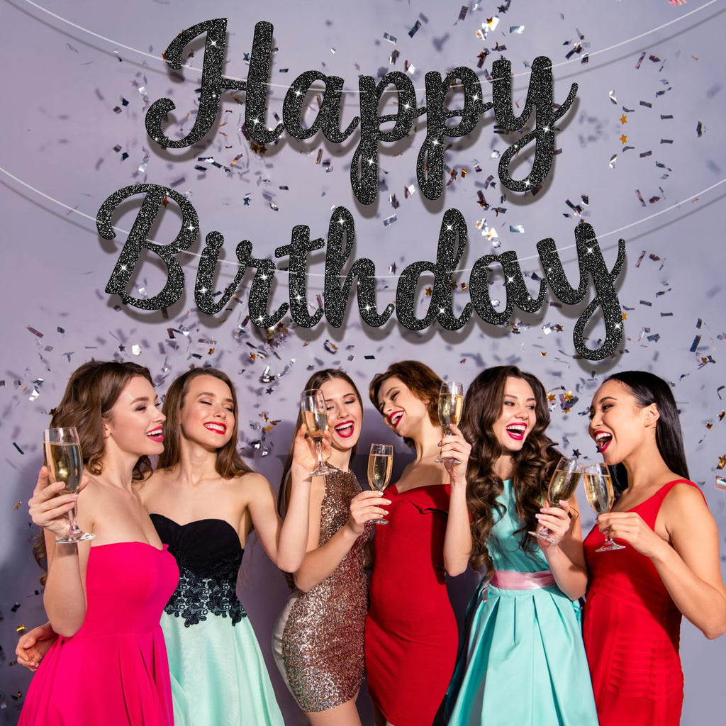 JHZMCRX Glitter Black Happy Birthday Banner – DIY Glitter Letter Garland for Parties
