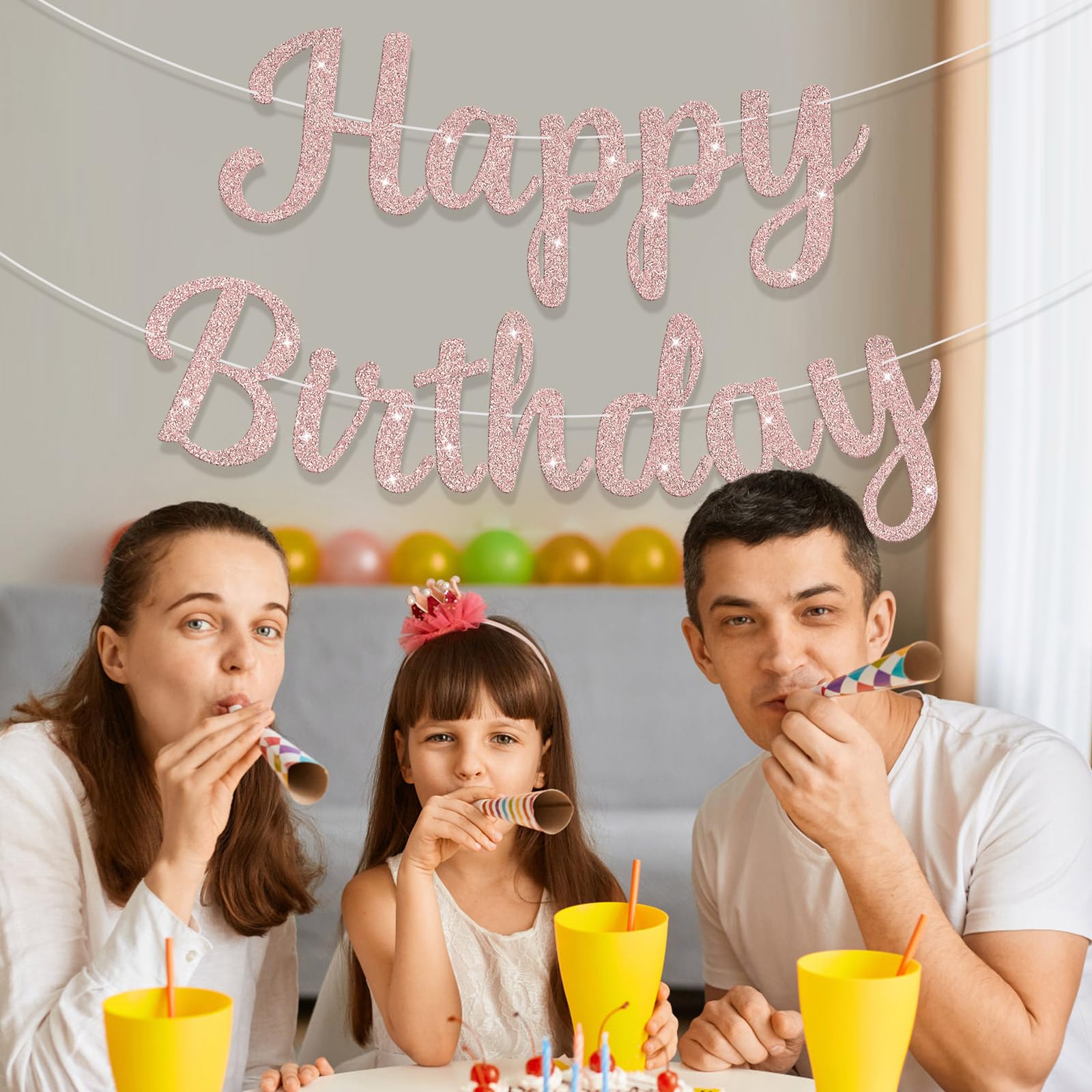JHZMCRX Rose Gold Happy Birthday Banner with Glitter Letters | Party Backdrop Decor