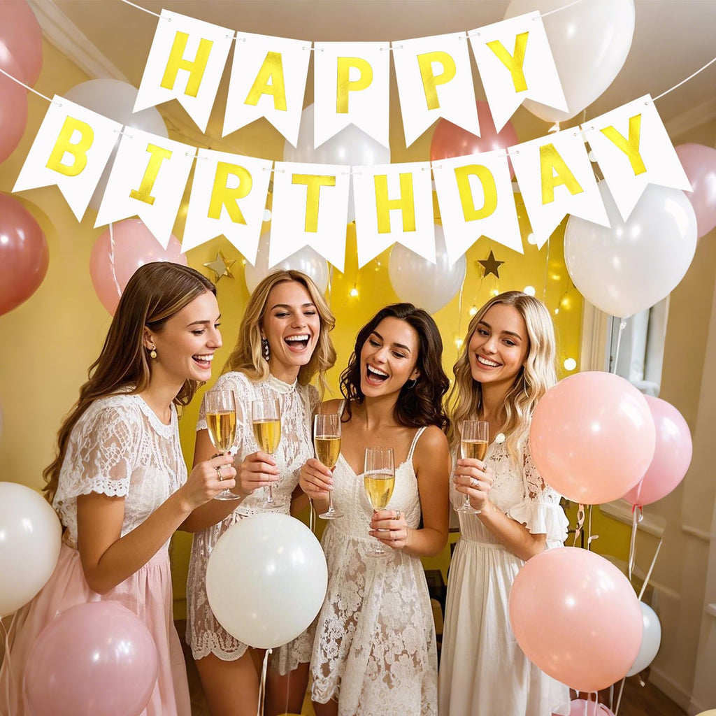 JHZMCRX White Happy Birthday Banner Sign – DIY Letter Banner with Golden Letters