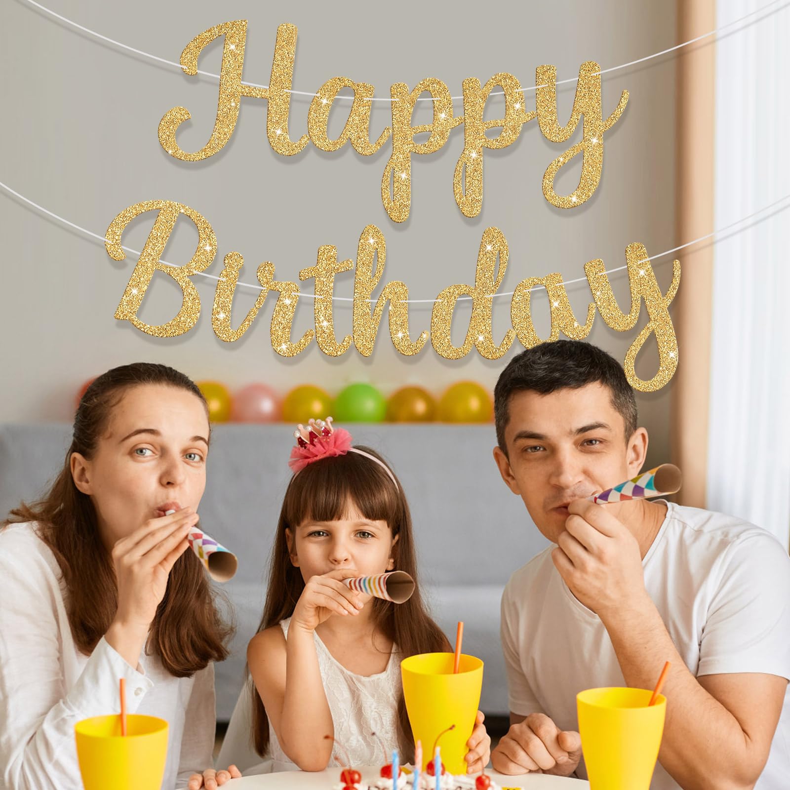 JHZMCRX Glitter Happy Birthday Banner Sign – Gold Party Backdrop & Wall Banner