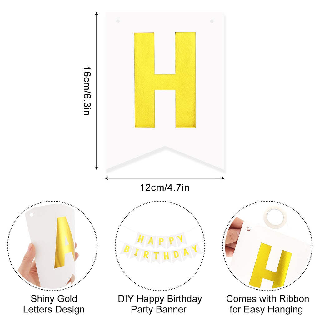 JHZMCRX White Happy Birthday Banner Sign – DIY Letter Banner with Golden Letters