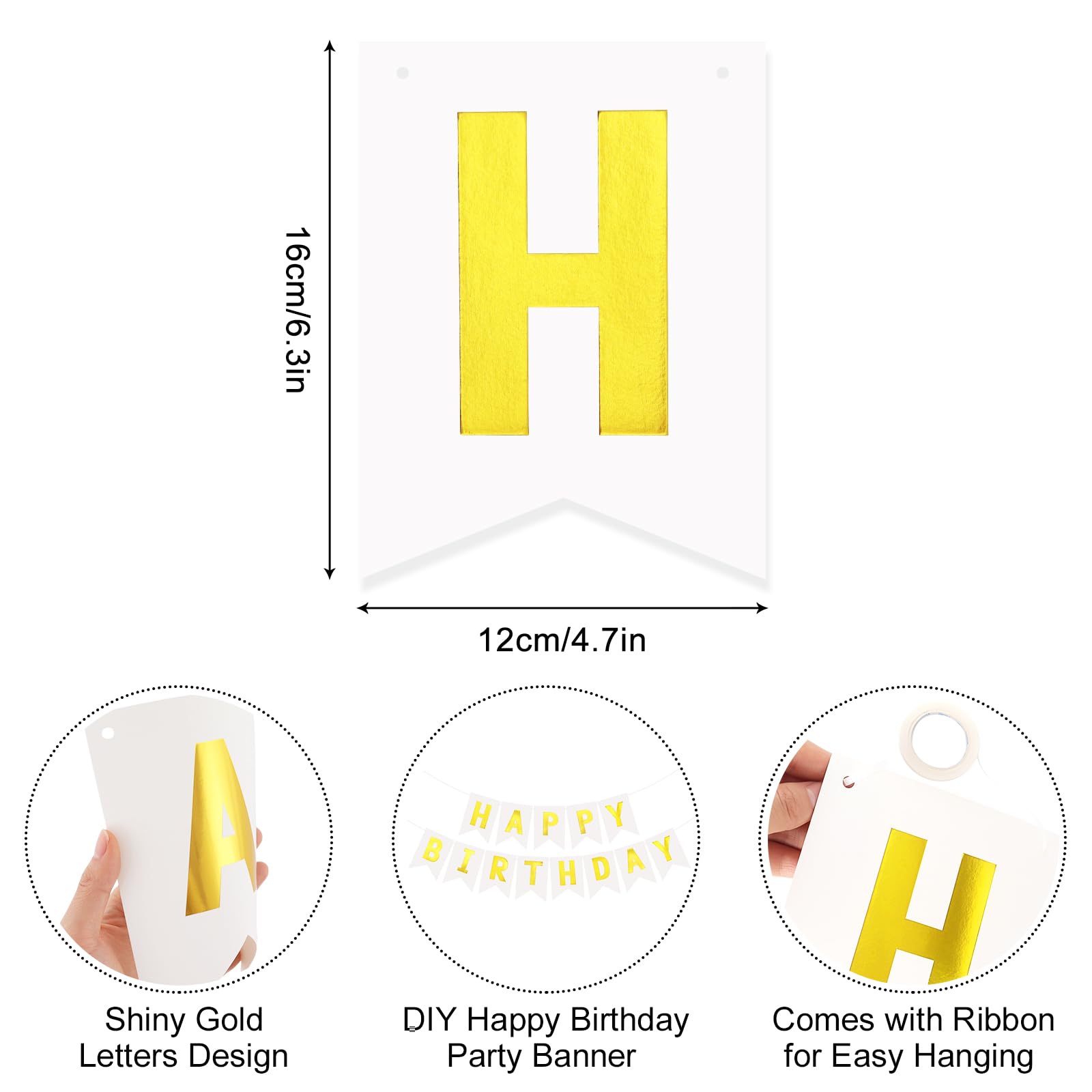 JHZMCRX White Happy Birthday Banner Sign – DIY Letter Banner with Golden Letters