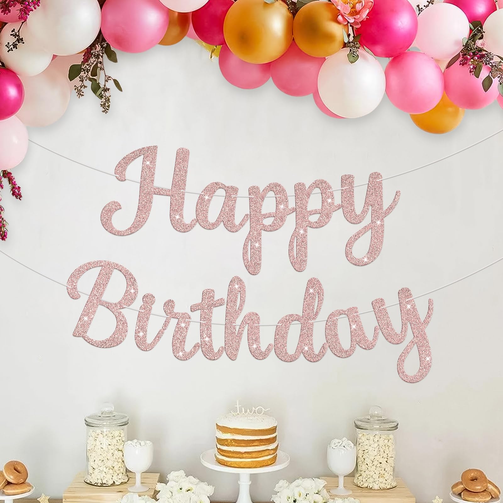 JHZMCRX Rose Gold Happy Birthday Banner with Glitter Letters | Party Backdrop Decor