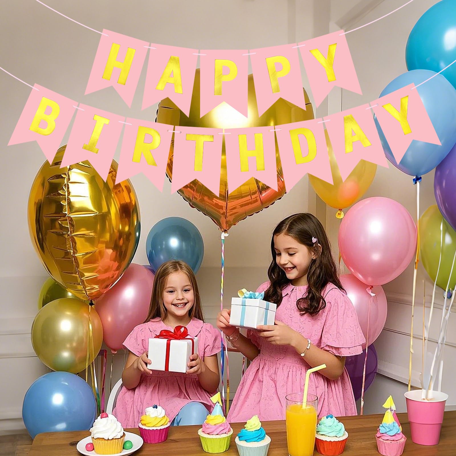 JHZMCRX Light Pink Happy Birthday Banner Sign – Personalized Name Banner with Golden Letters