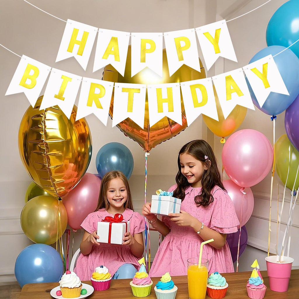 JHZMCRX White Happy Birthday Banner Sign – DIY Letter Banner with Golden Letters