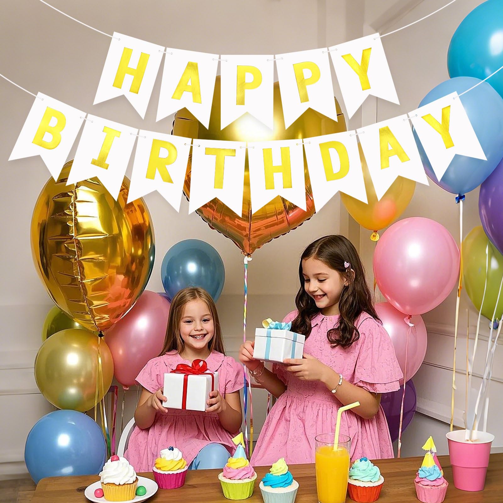 JHZMCRX White Happy Birthday Banner Sign – DIY Letter Banner with Golden Letters
