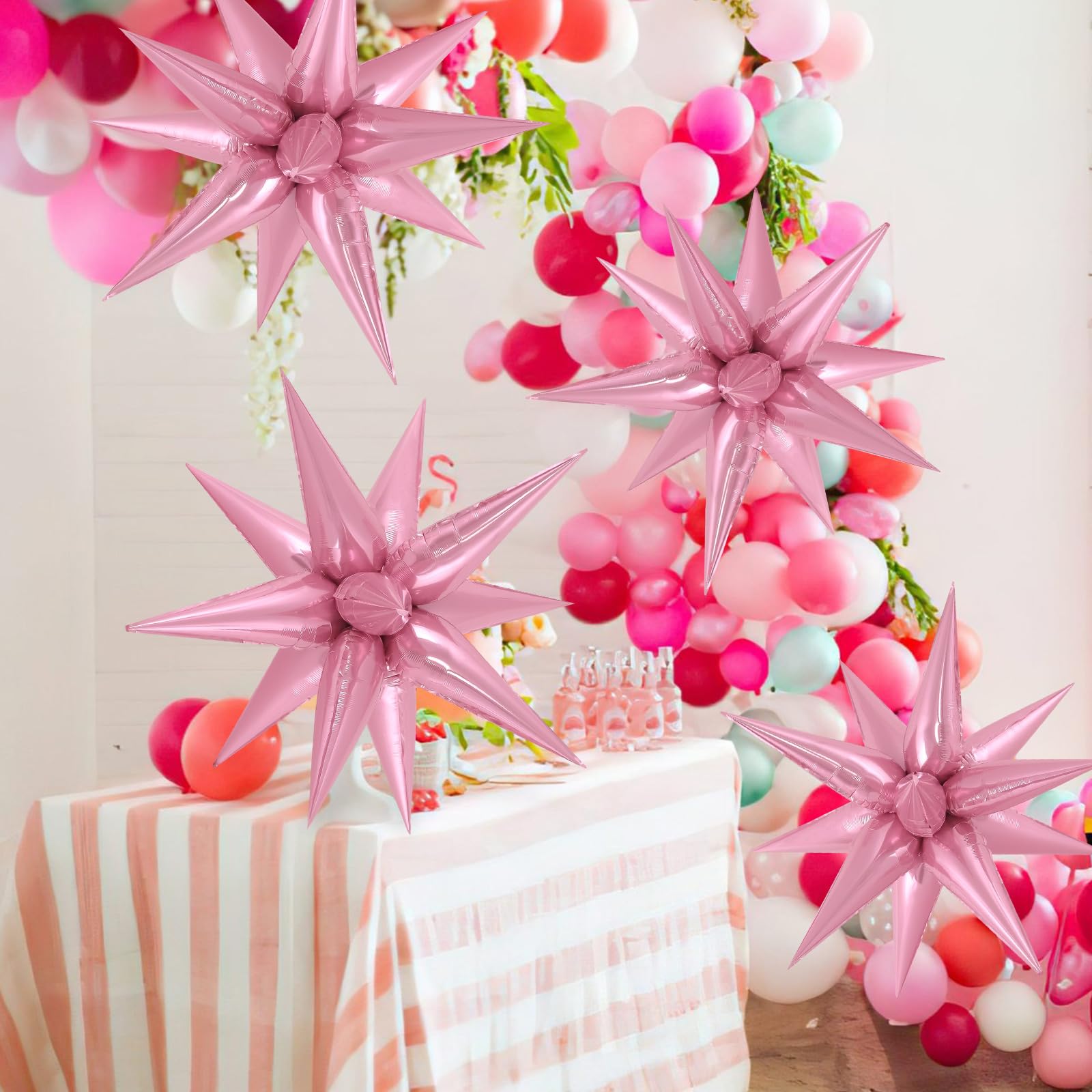 JHZMCRX 72 Pcs Pink Star Foil Balloons – 12-Point Cone Star Balloon Arch & Backdrops