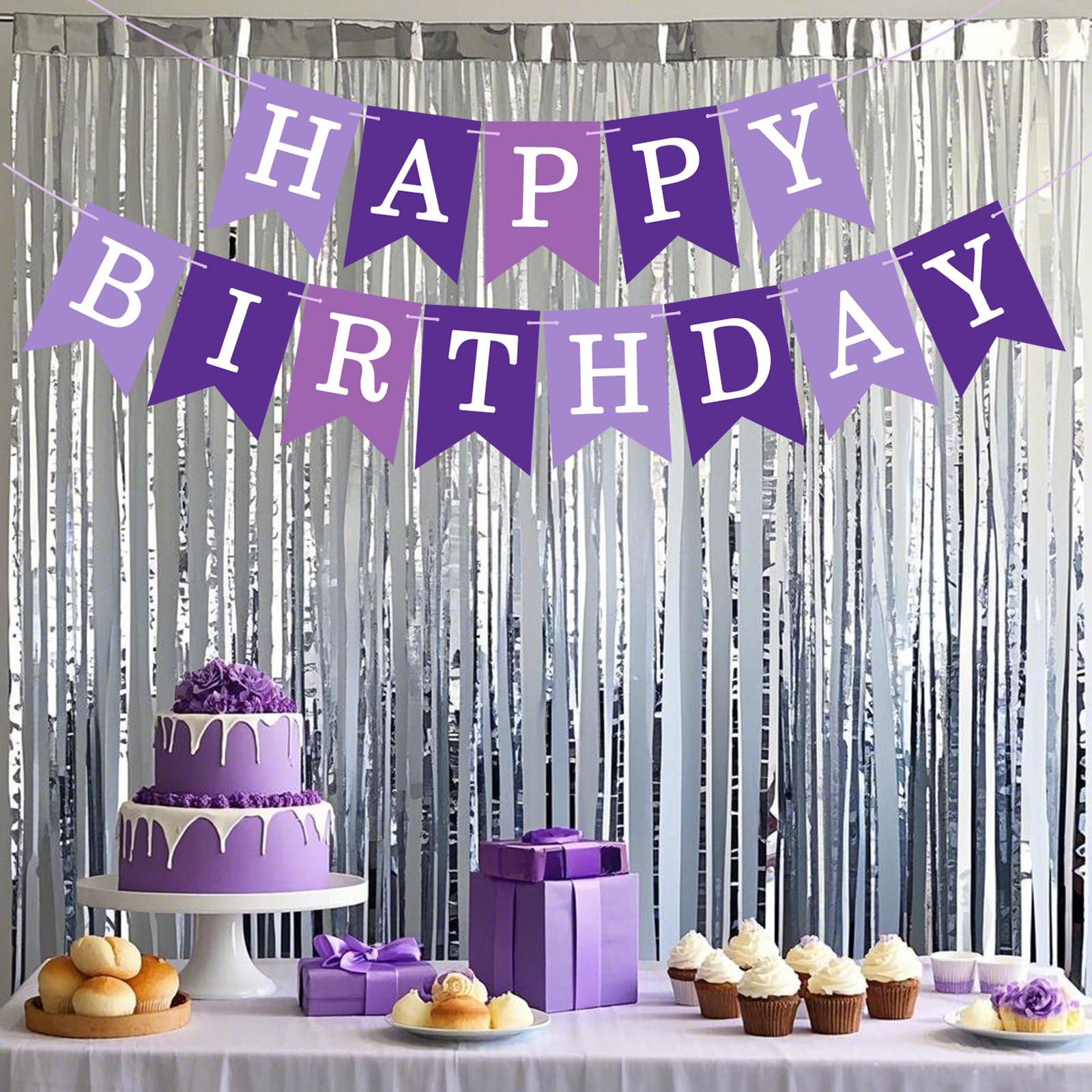 JHZMCRX Happy Birthday Banner Sign - Personalized DIY Letter Banner for Parties (Light Purple & Purple)