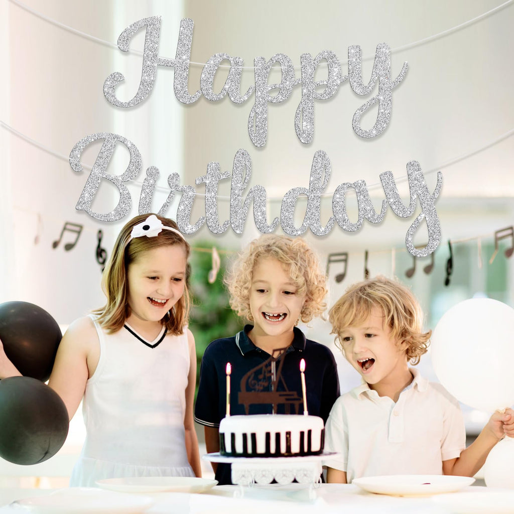 JHZMCRX Glitter Happy Birthday Banner Sign - DIY Silver Party Decor